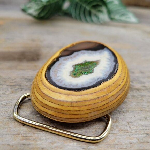 Carved Wood Brass Belt Buckle Inset Sliced Agate Geode Enamel Unisex - Picture 2 of 13